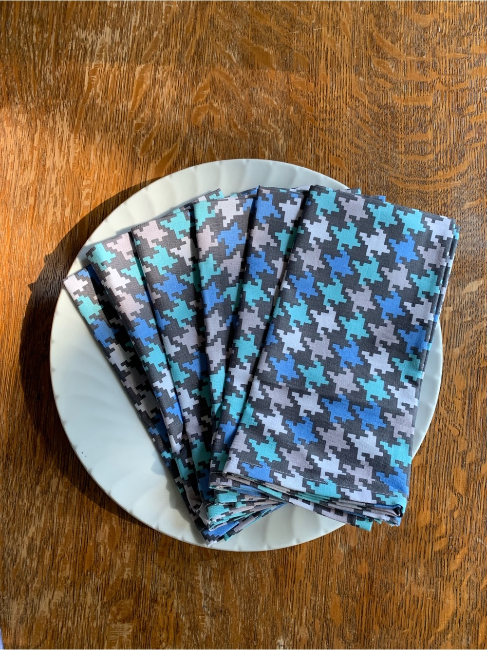 Handmade Grey Blue & White Houndstooth Premium Cotton Napkin Set of 6